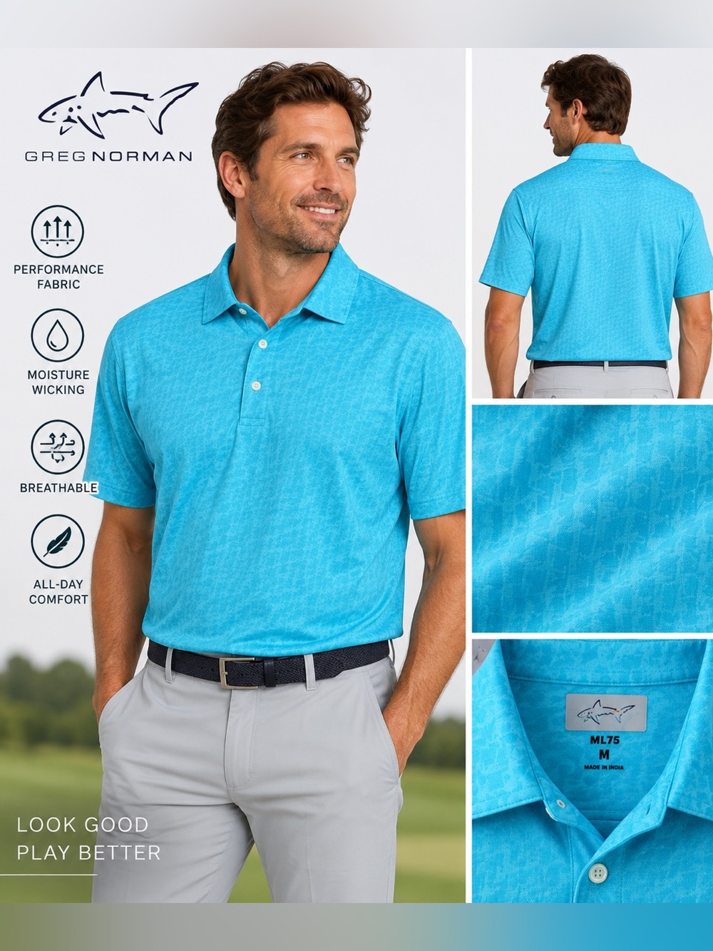 NWT Greg Norman ML75 Men’s M Aqua Blue Performance Golf Polo Shirt